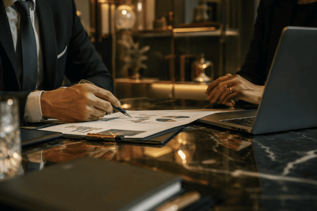 Reunião de negócios representando parceria entre contador e consultoria tributária